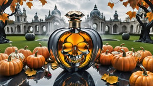 Photorealistic representation in high definition of luxurious and mythical perfume with parametric style inspired by Zaha Hadid's designs, in metal, glass and marble, with ornamental details in baroque style and next to it it should be surrounded by pumpkins, with spooky paths, and details in skulls, a mythical Halloween scene immersed in the majestic background of a garden with a baroque theme