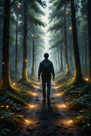 Generate an image of a person walking on a path of light in a dark forest filled with fireflies.