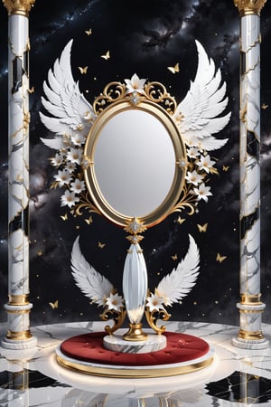 High definition photorealistic render of an incredible and mysterious beautiful and luxurious feminine Makeup Mirror with intricate gold and white marble details and with wings adorning the design, placed on a luxurious column-style throne in black and white marble with crystal and glass with iridescent details and parametric style, located in a desert night landscape, a sky visible to interstellar space, with asteroids, space matter, galaxies, lightning, rain and stars with flowers, white and red feathers and butterflies, a surreal scene with floating sands
