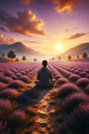 Design a scene of a person sitting in a lavender field under a golden sky at dawn.