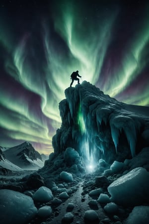 Generate an image of a person climbing an ice mountain under a night sky filled with northern lights.