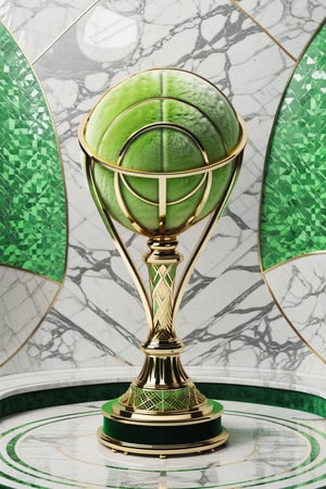High definition photorealistic render of a luxurious trophy inspiration on sport tennis design,  in metal and marble ball  tennis neon green and withe, in diamond-encrusted metal, with fluid and parametric curves, located on a marble and metal throne, with intricate details, and luxurious velvet fabric full of elegant mystery, symmetrical, geometric and parametric details, Technical design, Ultra intricate details, Ornate details. shutter speed 1/1000, f/22, white balance, vintage aesthetic, retro aesthetic, retro film, dramatic setting, horror film