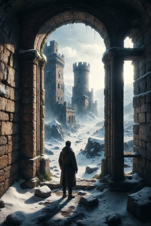 Design a scene of a person looking through a window in an ancient tower, observing a snowy landscape.