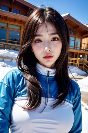 sexy 22years old korean adult girl, various hair, Sunlight, snowboarding at a ski resort, Beautiful fingertips, huge_breasts, high-quality, High class), face perfect, Perfect, clean, Beautiful expression, beautiful eyes, shiny, (Drooping eyes), soft clean focus, realistic lighting and shading, (an extremely delicate and beautiful art), elegant, active angle, //Quality RAW photo, portrait, best quality, high res, realistic face body, //Fashion (various color detailed push up enamel sexy snowboard uniform), realistic breast, realistic nipple, small areola, ((whole_body:1.5))