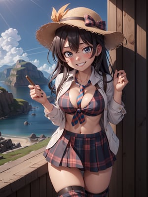 masterpiece, high quality best quality,1girl, bangs, beach, blue_sky, blush, bow, big breasts, checkered, Armor with Fantastic Feminine, checkered_skirt, cloud, cloudy_sky, collarbone, day, envelope, giving, grass, hair_bow, heart, holding, holding_letter, horizon, incoming_gift, kazami_yuuka, leaning_forward, lens_flare, letter, light_rays, long_hair, looking_at_viewer, love_letter, mountain, mountainous_horizon, ocean, outdoors, plaid, plaid_background, plaid_bikini, plaid_bow, plaid_bowtie, plaid_bra, plaid_dress, plaid_headwear, plaid_jacket, plaid_legwear, plaid_necktie, plaid_neckwear, plaid_panties, plaid_pants, plaid_ribbon, plaid_scarf, plaid_shirt, plaid_skirt, plaid_vest, pov,sky, smile, solo, sun, sunbeam, sunlight, tree, unmoving_pattern, rpg metal boots, Simple Pose Facing Forward, 