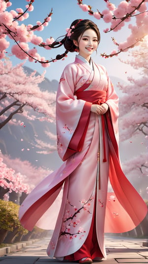 Beautiful Chinese girl, wearing bright Hanfu, smiling and standing under the cherry blossom tree, grinning toothily, round face, slightly fat, beautiful petals fluttering in the wind, 3D rendering, full body, flat photography, realistic style photography