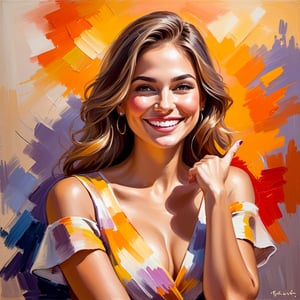 impressionist painting, upper body of beautiful woman, smiling, looking at camera, raising hand, loose brushwork, vibrant color, light and shadow play, captures feeling over form
