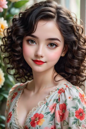 (High Resolution, Masterpiece: 1.2), Realistic portrait, big round eyes, small nose, red lips, black hair, cute expression, pale complexion, long eyelashes and thick eyebrows, soft curly hair, Flowing floral patterned dress, playful and innocent smile, beautiful natural light, soft pastel colors, vibrant blooming flowers background, sweet and cozy atmosphere, close-ups capturing all the intricate details, happy and carefree mood, The perfect balance of innocence and maturity, artistic oil painting style, delicate brushwork, impeccable attention to detail, emotionally realistic portrayal, classic and timeless aesthetics