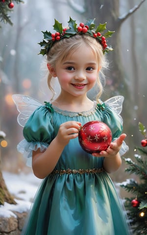 painting of a young girl dressed in a fairy christmas costume holding a christmas ornament, wlop and ross tran, inspired by Ed Binkley, she has a crown of holly berry, pained expression,christmas color palette, little elf tomboy, trevor brown style, by Guan Daosheng, a blond, in style of mark arian, art station award winning, charli bowater and artgeem, ultra sharp focus, Toothy smile, round face, slightly chubby,