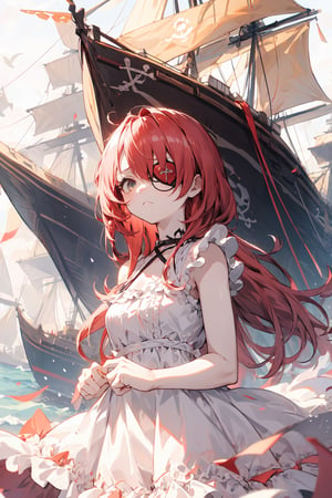 A girl wearing an eye patch,long red hair,white skin,wearing a fluffy pink dress with ruffles,pirate ship background, very sad.