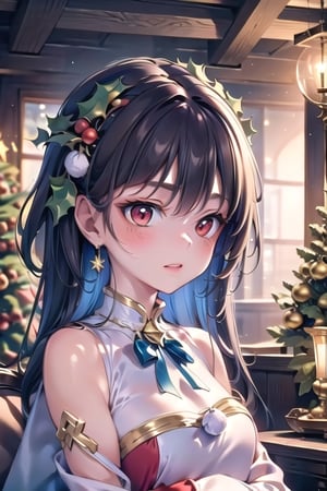 vibrant colors,  female,  masterpiece,  sharp focus,  best quality,  depth of field,  cinematic lighting,  ((solo,  adult woman)),  (illustration,  8k CG,  extremely detailed),  masterpiece,  ultra-detailed,  1 girl,  short hair,  mixed hair,  black hair,  red eyes, ,  in a festive nook adorned with mistletoe,  a girl stands beneath the holiday greenery,  creating a scene of enchanting merriment. The detailed illustration captures her in a moment of whimsy,  surrounded by the timeless tradition of the Christmas mistletoe,  dressed in festive attire suitable for the season,  the room is bathed in the soft glow of holiday lights,  creating an intimate and warm atmosphere. The mistletoe becomes a playful accent,  symbolizing the spirit of holiday gatherings and timeless traditions,  the illustration paints a charming portrait of a girl beneath the Christmas greenery,  where her presence and the festive mistletoe create an atmosphere of joy,  anticipation,  and the promise of holiday magic,,,Christmas,christmas tree