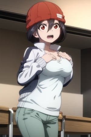 fuukoizumo,fuuko izumo, black hair, hair between eyes, (brown eyes:1.5), short hair,BREAK shirt, white shirt, jacket, open jacket, pants, denim, beanie, (red beanie:1.2),BREAK looking at viewer,BREAK indoors, classroom, (cowboy shot:1.5), (masterpiece:1.2), best quality, high resolution, unity 8k wallpaper, (illustration:0.8), (beautiful detailed eyes:1.6), extremely detailed face, perfect lighting, extremely detailed CG, (perfect hands, perfect anatomy), large_breast, thighs, from_side, ass, open_mouth, very_nervous_face, hands_on_chest