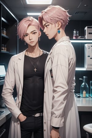 gay male relationship,male face,ikemen, kpop,ikemen, kpop,ikemen, handsome, black t-shirt, necklace, earrings, pink blond hair, white coat, mad scientist, lab