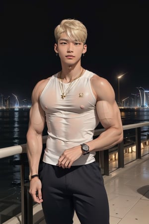 intricate detail, 18 year old, young handsome asian male wearing black tanktop,  kpop,ikemen, blue eyes, handsome, earrings, gold necklace, luxuary golden omega watch,  blond hair, big muscle, physique, fitness model, wealthy, billionair,  standing, in front of luxuary yatch,  dubai night background