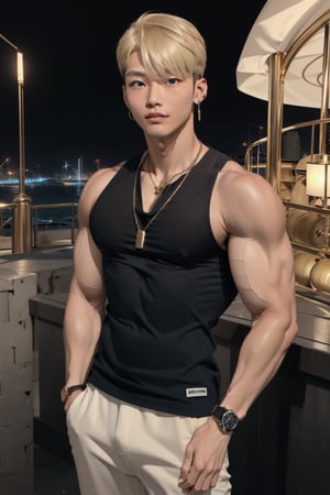 intricate detail, 18 year old, young handsome asian male wearing black tanktop,  kpop,ikemen, blue eyes, handsome, earrings, gold necklace, luxuary golden omega watch,  blond hair, big muscle, physique, fitness model, wealthy, billionair,  standing,  luxuary yacht,  dubai night background