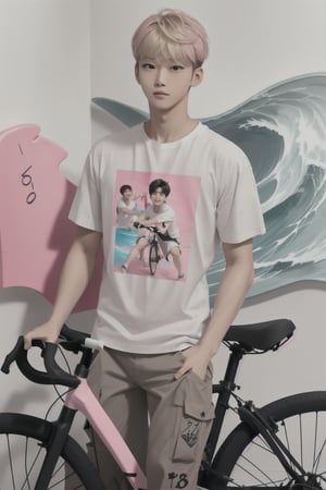 pastel colors, handsome asian boy with a design art printed white t-shirt and a brown half cargo pants, intricate detail, random hairstyle with pink blond, a surf board with vivid colors and a bicycle on white wall, a stylish room of boy,ikemen, handsome asian male, kpop