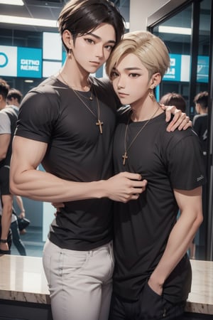 gay male relationship,male face,ikemen, kpop,ikemen, kpop,ikemen, handsome, black t-shirt, necklace, earrings, blond