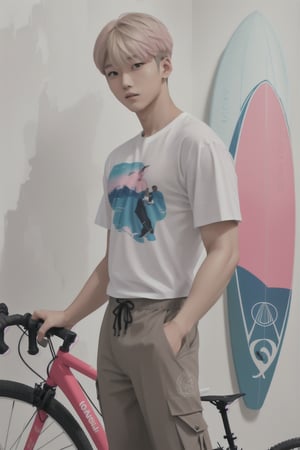 pastel colors, handsome asian boy with a design art printed white t-shirt and a brown half cargo pants, intricate detail, random hairstyle with pink blond, a surf board with vivid colors and a bicycle on white wall, a stylish room of boy,ikemen, handsome asian male, kpop