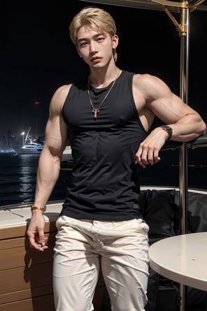 intricate detail, 18 year old, young handsome asian male wearing black tanktop,  kpop,ikemen, blue eyes, handsome, earrings, gold necklace, luxuary golden omega watch,  blond hair, big muscle, physique, fitness model, wealthy, billionair,  standing,  luxuary yacht,  dubai night background