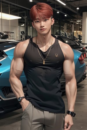 intricate detail, 18 year old, young handsome asian male wearing black tanktop, kpop,ikemen, blue eyes, handsome, earrings, gold necklace, luxuary golden omega watch,  red hair, muscle, physique, fitness model, wealthy, in front of black supercar