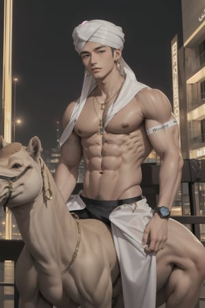 intricate detail, 18 year old, young handsome asian male wearing gorgeous underware with jewels,  kpop,ikemen, blue eyes, handsome, earrings, gold necklace, luxuary golden omega watch,  blond hair, big muscle, physique, fitness model, wealthy, billionair,  shirtless, turban, riding a camel,   dubai night background