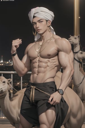 intricate detail, 18 year old, young handsome asian male wearing gorgeous underware with jewels,  kpop,ikemen, blue eyes, handsome, earrings, gold necklace, luxuary golden omega watch,  blond hair, big muscle, physique, fitness model, wealthy, billionair,  shirtless, turban, riding a camel,   dubai night background