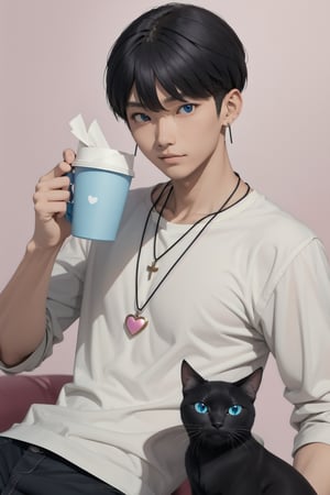 masterpiece, top quality, intricate detail, a young asian hansome male, 18 year old, short fashionable beautiful rainbow color hair, blue eyes, necklace, earrings, slim muscle, smooth skin, realistic skin, with holding a black cat, holding a paper coffee cup with pink heart logo, valentine's day