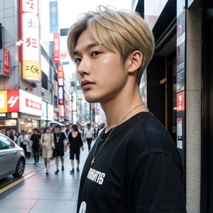 masterpiece, realistic, top quality, super cool young asian super handsome male with short blond hair, from side, kpop idol, music video, Instagram, stylish and fashionable clothes, necklace, black t shirt, tokyo background, ginza, cool atmosphere, good lighting and reflexion, realistic skin, 