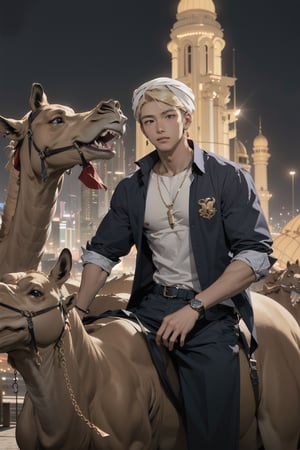 intricate detail, 18 year old, young handsome asian male wearing blue gorgeous underware with jewels,  kpop,ikemen, blue eyes, handsome, earrings, gold necklace, luxuary golden omega watch,  blond hair, big muscle, physique, fitness model, wealthy, billionair,  shirtless, turban, riding a camel,   dubai night background