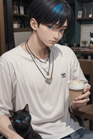 masterpiece, top quality, intricate detail, a young asian hansome male, 18 year old, short fashionable beautiful rainbow color hair, blue eyes, necklace, earrings, slim muscle, smooth skin, realistic skin, with holding a black cat, holding a paper coffee cup with pink heart logo, valentine's day