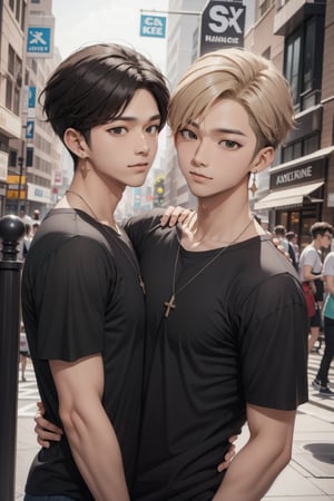 gay male relationship,male face,ikemen, kpop,ikemen, kpop,ikemen, handsome, black t-shirt, necklace, earrings, blond