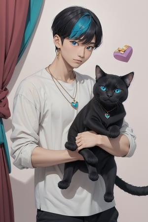 masterpiece, top quality, intricate detail, a young asian hansome male, 18 year old, short fashionable beautiful rainbow color hair, blue eyes, necklace, earrings, slim muscle, smooth skin, realistic skin, with holding a black cat, holding a paper coffee cup with pink heart logo, valentine's day