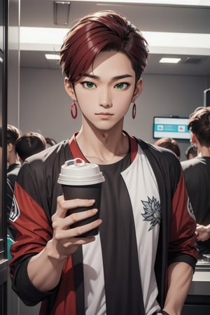 intricate detail, male face,ikemen, kpop, holding a paper coffee cup with heart logos, green eyes, handsome, earrings, glittering wine red color hair with stylish hair style, selfie, stylish, black jacket and white T-shirt with vivid color design art, earrings, young handsome asian male, vivid color, infront of mirror, realistic skin color, realistic right reflection