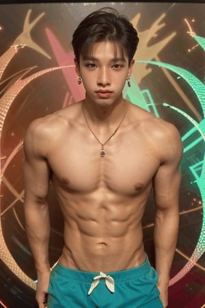 young  handsome male kpop idol with  blond hair, large dragon tatoo, gay, sugar boy, earrings, necklace, cap, fluorescenct neon color boxer shorts written "twinkworld" logo,  makeup like kpop boy idol, putting on red lipstics, shirtles,arm pit pose, dance, large glittering dragon tatoo on body, dragons background

