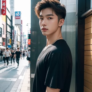 masterpiece, realistic, top quality, super cool young asian super handsome male with short blond hair, from side, kpop idol, music video, Instagram, stylish and fashionable clothes, necklace, black t shirt, tokyo background, ginza, cool atmosphere, good lighting and reflexion, realistic skin, 