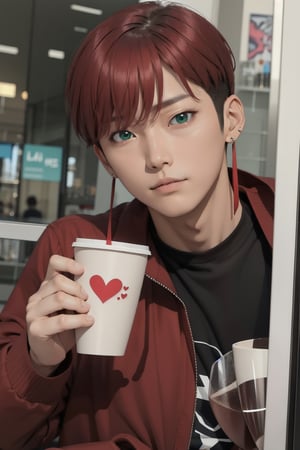 intricate detail, male face,ikemen, kpop, holding a paper coffee cup with heart logos, green eyes, handsome, earrings, glittering wine red color hair with stylish hair style, selfie, stylish, black jacket and white T-shirt with vivid color design art, earrings, young handsome asian male, vivid color, infront of mirror, realistic skin color, realistic right reflection