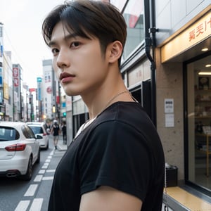 masterpiece, realistic, top quality, super cool young asian super handsome male with short blond hair, from side, kpop idol, music video, Instagram, stylish and fashionable clothes, necklace, black t shirt, tokyo background, ginza, cool atmosphere, good lighting and reflexion, realistic skin, 