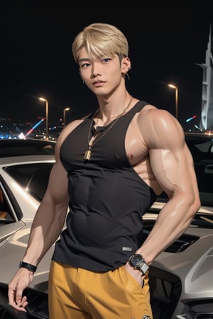 intricate detail, 18 year old, young handsome asian male wearing black tanktop,  kpop,ikemen, blue eyes, handsome, earrings, gold necklace, luxuary golden omega watch,  blond hair, big muscle, physique, fitness model, wealthy, billionair,  standing, in front of glittering supercar,  dubai night background