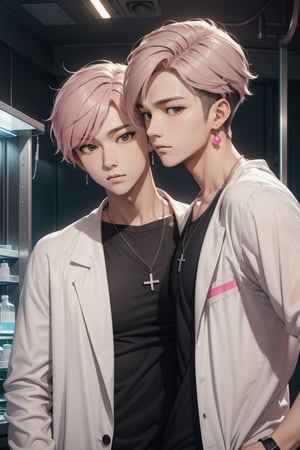 gay male relationship,male face,ikemen, kpop,ikemen, kpop,ikemen, handsome, black t-shirt, necklace, earrings, pink blond hair, white coat, mad scientist, lab