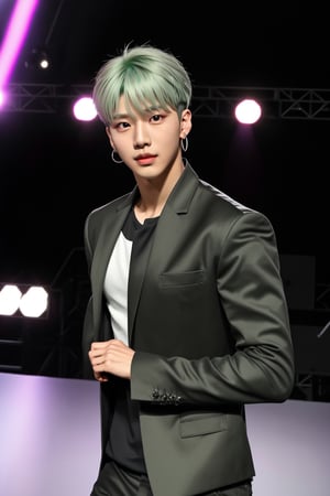 young asian handsome male, kpop idol, superhandsome, earrings, dancing, green eye, ash silver hair, stage background