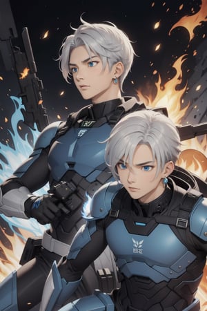 intricate detail, two young Japansehandsome males with combat suits and holding guns, fighting, blue eyes, handsome, earrings, silver hair, earrings, big blue flame, big orange flame,