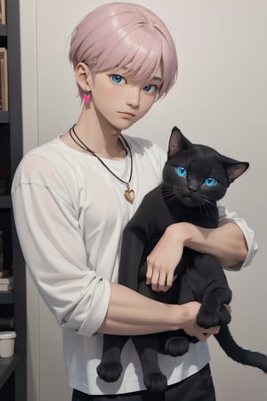 masterpiece, top quality, intricate detail, a young asian hansome male, 18 year old, short fashionable beautiful rainbow color hair, blue eyes, necklace, earrings, slim muscle, smooth skin, realistic skin, with holding a black cat, holding a paper coffee cup with pink heart logo, valentine's day