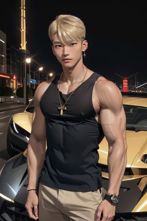 intricate detail, 18 year old, young handsome asian male wearing black tanktop,  kpop,ikemen, blue eyes, handsome, earrings, gold necklace, luxuary golden omega watch,  blond hair, big muscle, physique, fitness model, wealthy, billionair,  standing, in front of glittering supercar,  dubai night background
