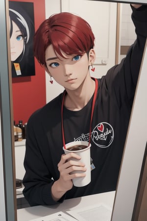 intricate detail, male face,ikemen, kpop, holding a paper coffee cup with heart logos, blue eyes, handsome, earrings, glittering wine red color hair with stylish hair style, selfie, stylish, black jacket and white T-shirt with vivid color design art, earrings, young handsome asian male, vivid color, infront of mirror, realistic skin color, realistic right reflection