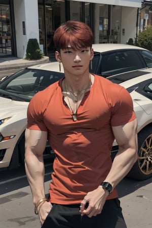 intricate detail, 18 year old, young handsome asian male wearing black tanktop, kpop,ikemen, blue eyes, handsome, earrings, gold necklace, luxuary golden omega watch,  red hair, muscle, physique, fitness model, wealthy, in front of black supercar