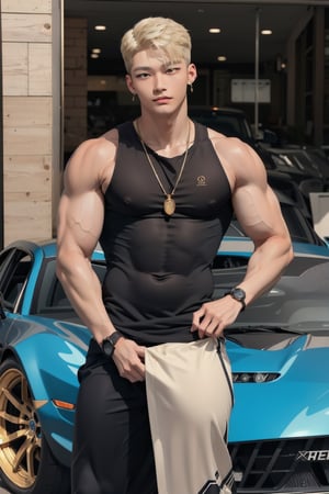 intricate detail, 18 year old, young handsome asian male wearing black tanktop, kpop,ikemen, blue eyes, handsome, earrings, gold necklace, luxuary golden omega watch,  blond hair, big muscle, physique, fitness model, wealthy, standing along with a young beautiful girl  with gorgeous dress and blond hair, in front of glitterinng blue supercar, couple of boy and girl