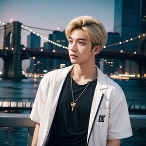 masterpiece, realistic, top quality, super cool young asian super handsome male with short blond hair, from side, kpop idol, music video, Instagram, stylish and fashionable clothes, necklace, black t shirt, nyc background, night, cool atmosphere,