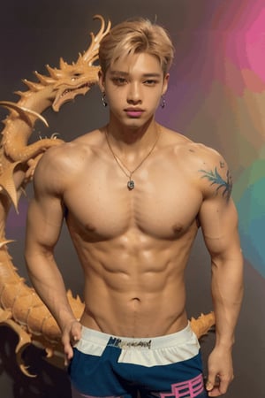 young  handsome male kpop idol with  blond hair, ((large colorful dragon tatoo on his body)), gay, sugar boy, earrings, necklace, cap, fluorescenct neon color boxer shorts written "twinkworld" logo,  makeup like kpop boy idol, putting on red lipstics, shirtles,arm pit pose, dance, moving dragons background

