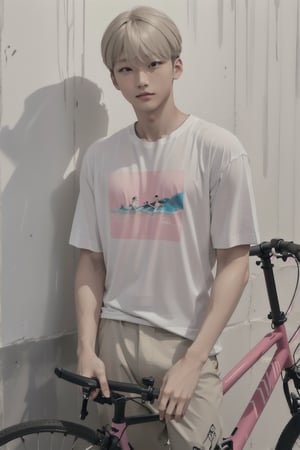 pastel colors, handsome asian boy with a design art printed white t-shirt and a brown half cargo pants, intricate detail, random hairstyle with pink blond, a surf board with vivid colors and a bicycle on white wall, a stylish room of boy,ikemen, handsome asian male, kpop