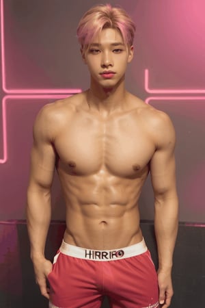 young  handsome male kpop idol with pink and blond hair, wears a neon color boxer shorts written "Hiro" logo, shirtless, rave, dance club background